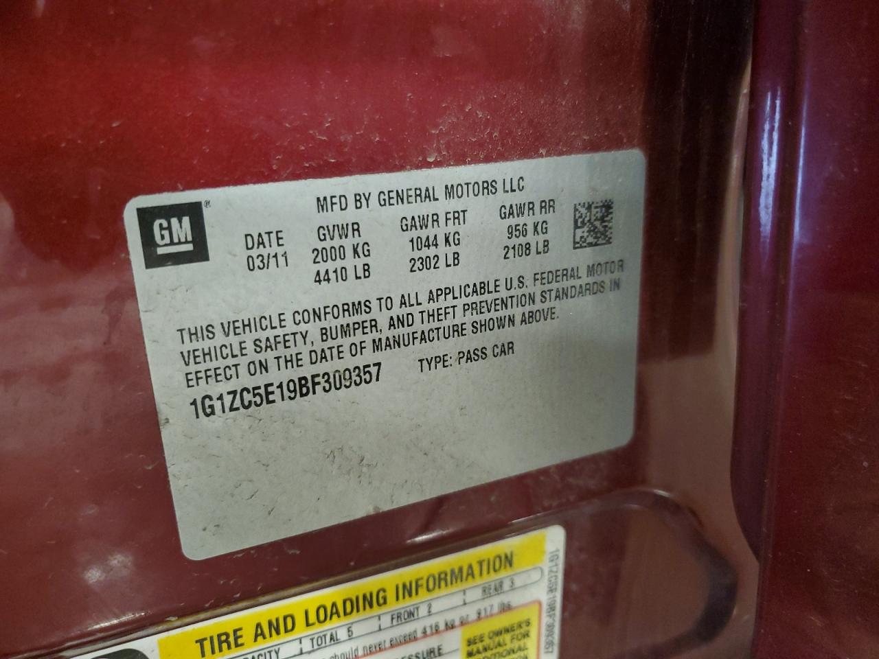 2011 Chevrolet Malibu VIN 1G1ZC5E19BF309357 Copart auction photo, rear end damage thumbnail 12