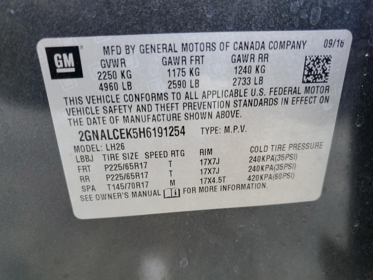 2017 Chevrolet Equinox VIN 2GNALCEK5H6191254 Copart auction photo, side damage thumbnail 13