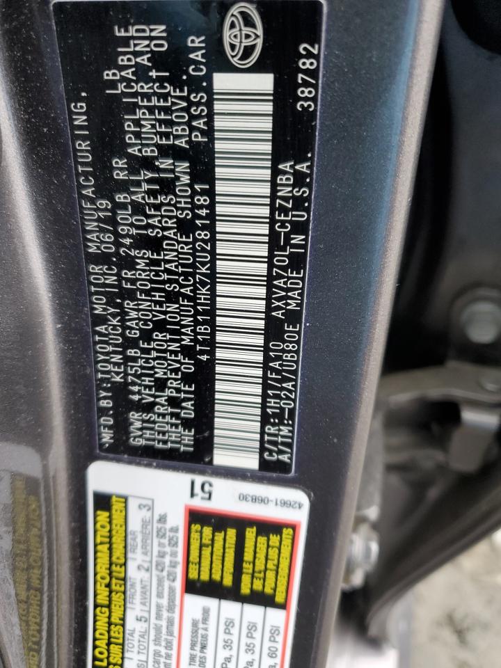 2019 Toyota Camry VIN 4T1B11HK7KU281481 Copart auction photo, front end / minor dent/scratches damage thumbnail 12