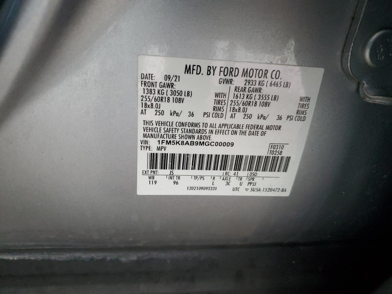2021 Ford Explorer VIN 1FM5K8AB9MGC00009 Copart auction photo, front end damage thumbnail 13