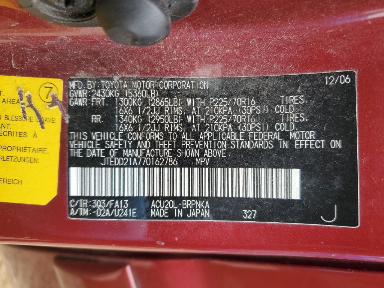 2007 Toyota Highlander VIN JTEDD21A770162786 Copart auction photo, front end / side damage thumbnail 15