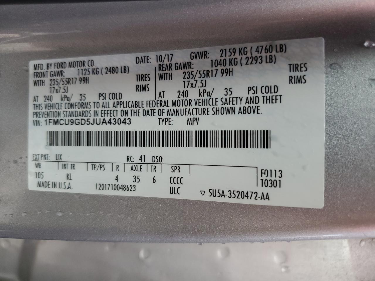 2018 Ford Escape VIN 1FMCU9GD5JUA43043 Copart auction photo, front end / side damage thumbnail 12