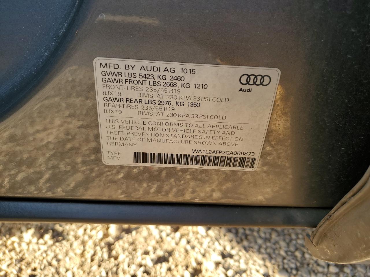 2016 Audi Q5 VIN WA1L2AFP2GA066873 Copart auction photo, rear end / minor dent/scratches damage thumbnail 13