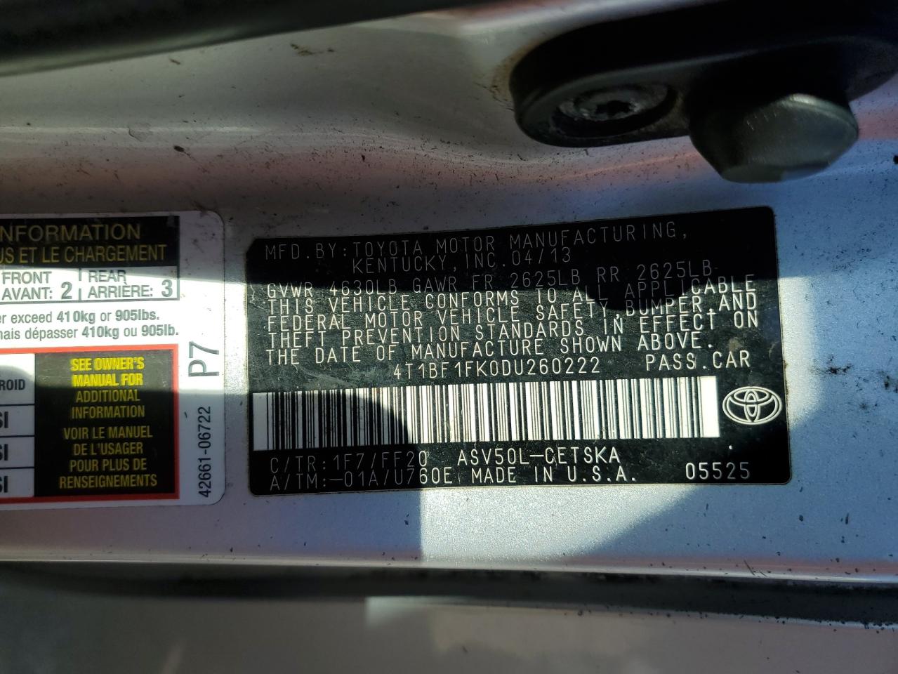 2013 Toyota Camry VIN 4T1BF1FK0DU260222 Copart auction photo, front end / rear end damage thumbnail 13