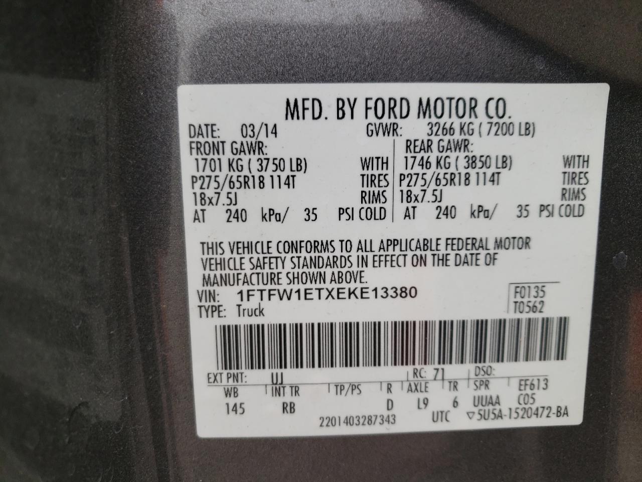 2014 Ford F-150 VIN 1FTFW1ETXEKE13380 Copart auction photo, front end / rear end damage thumbnail 13