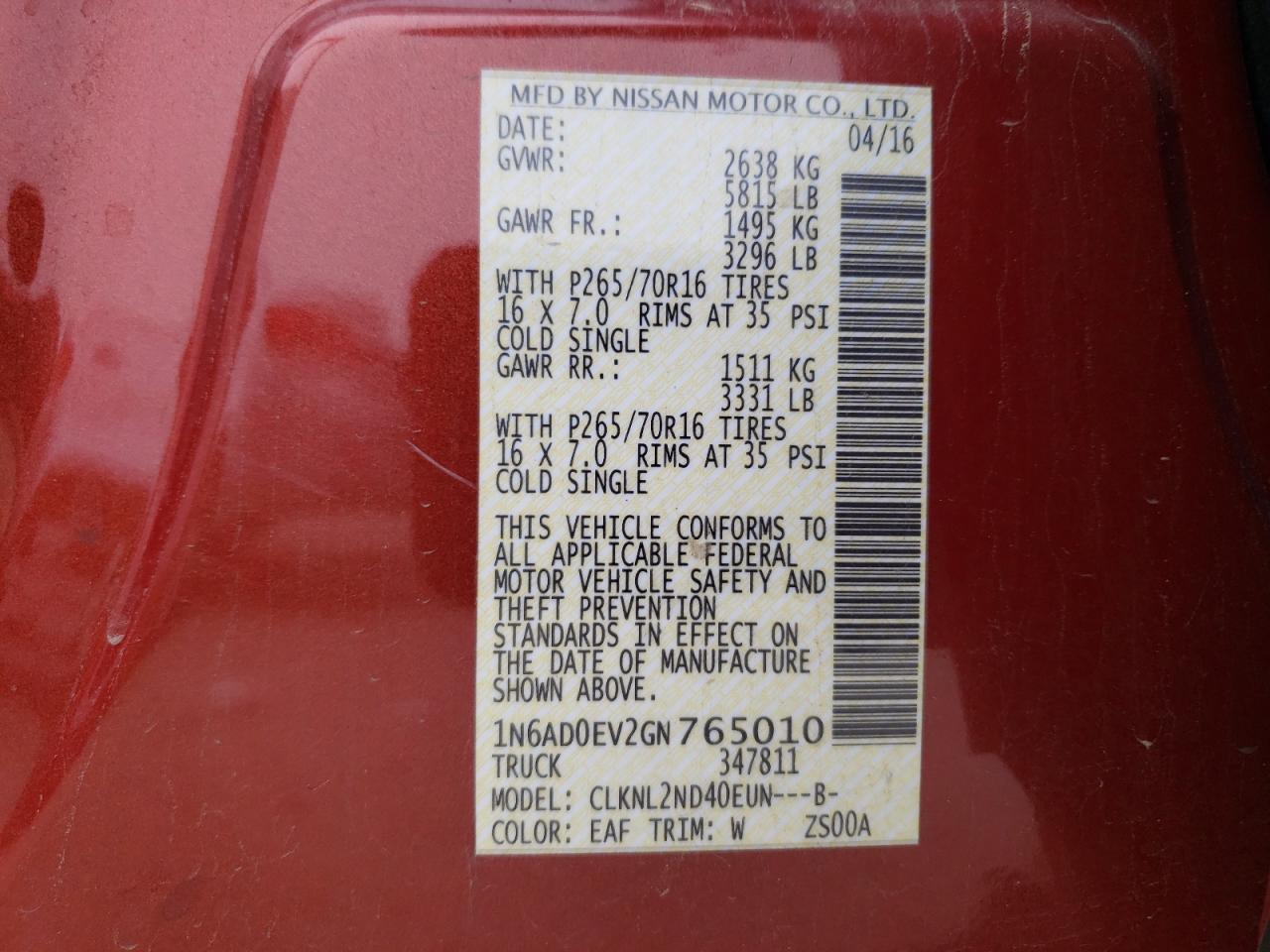 2016 Nissan Navara (Frontier) VIN 1N6AD0EV2GN765010 Copart auction photo, all over damage thumbnail 13