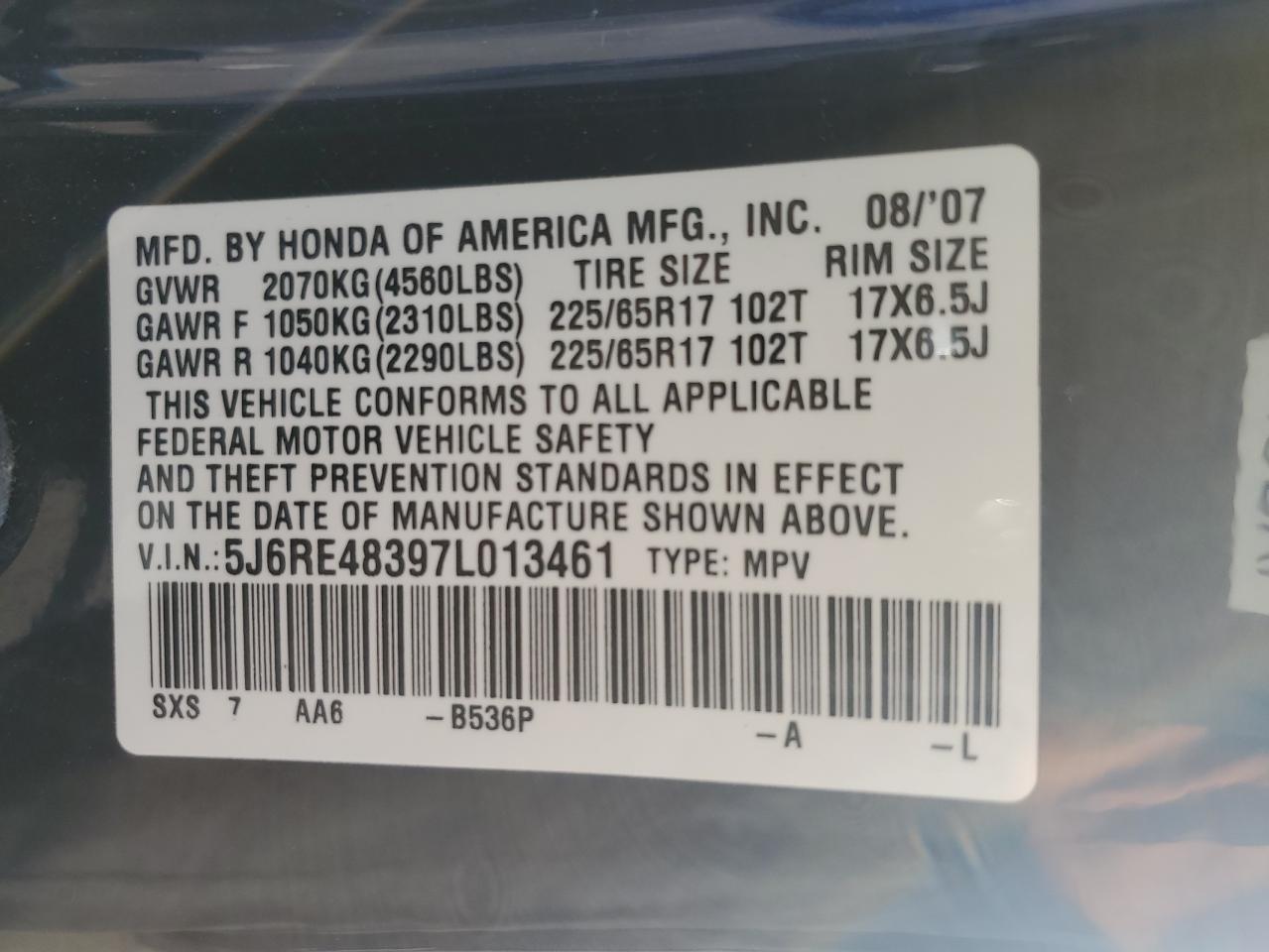 2007 Honda CR-V VIN 5J6RE48397L013461 Copart auction photo, mechanical / minor dent/scratches damage thumbnail 13