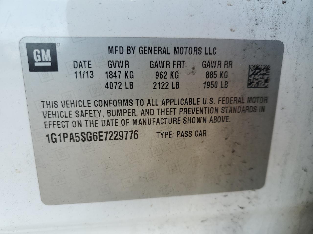 2014 Chevrolet Cruze VIN 1G1PA5SG6E7229776 Copart auction photo, front end / minor dent/scratches damage thumbnail 13