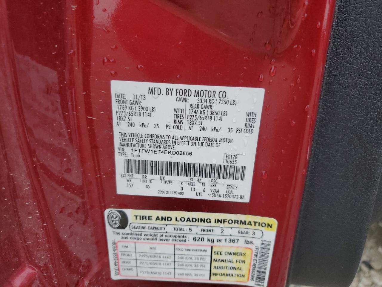 2014 Ford F-150 VIN 1FTFW1ET4EKD02856 Copart auction photo, front end / minor dent/scratches damage thumbnail 14