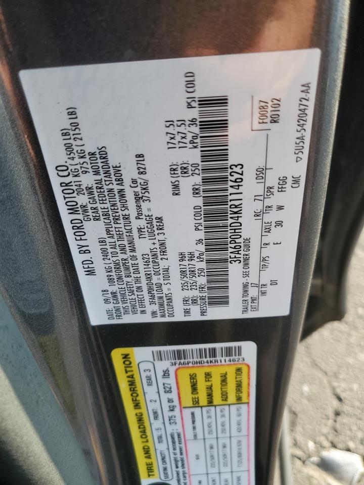 2019 Ford Fusion VIN 3FA6P0HD4KR114623 Copart auction photo, rear end damage thumbnail 14