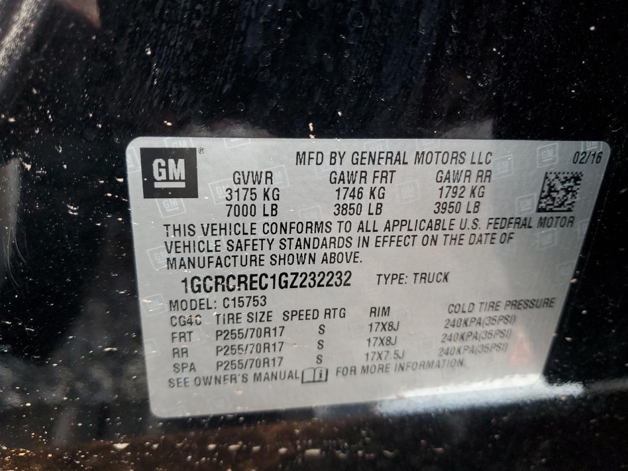 2016 Chevrolet Silverado VIN 1GCRCREC1GZ232232 Copart auction photo, water/flood / front end damage thumbnail 13
