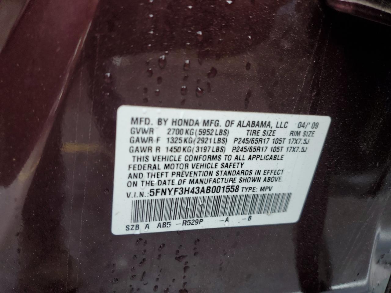 2010 Honda Pilot VIN 5FNYF3H43AB001558 Copart auction photo, rear end damage thumbnail 13