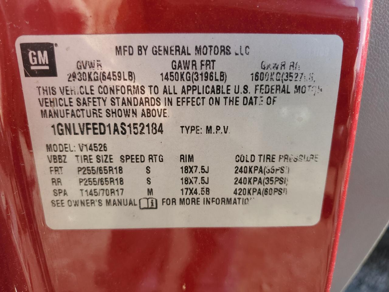 2010 Chevrolet Traverse VIN 1GNLVFED1AS152184 Copart auction photo, mechanical damage thumbnail 14