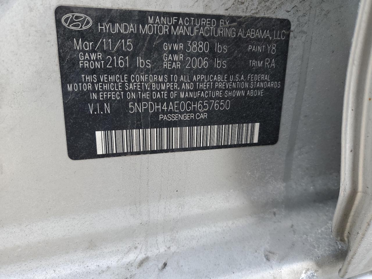 2016 Hyundai Elantra VIN 5NPDH4AE0GH657650 Copart auction photo, front end damage thumbnail 13
