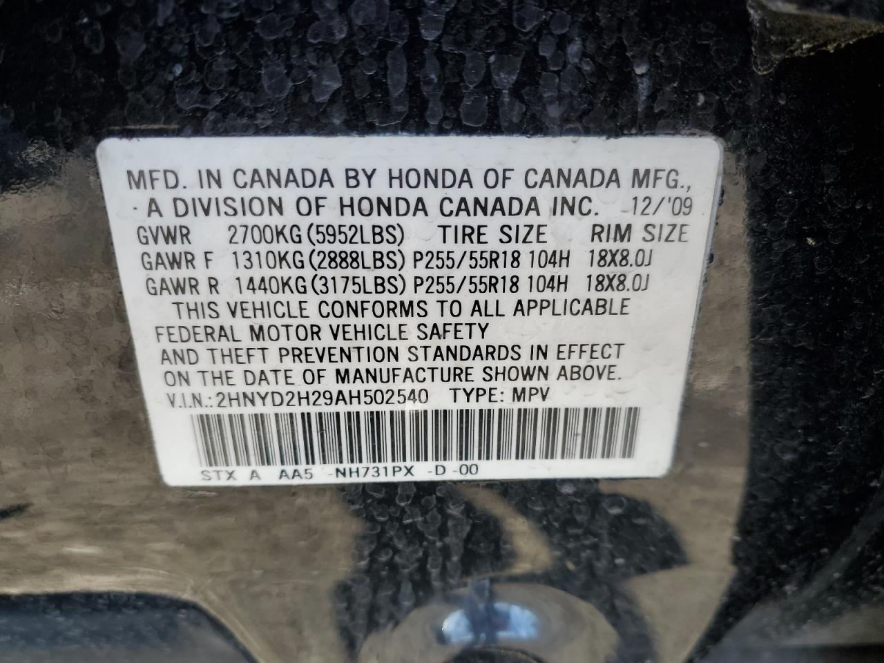 2010 Acura MDX VIN 2HNYD2H29AH502540 Copart auction photo, front end damage thumbnail 14