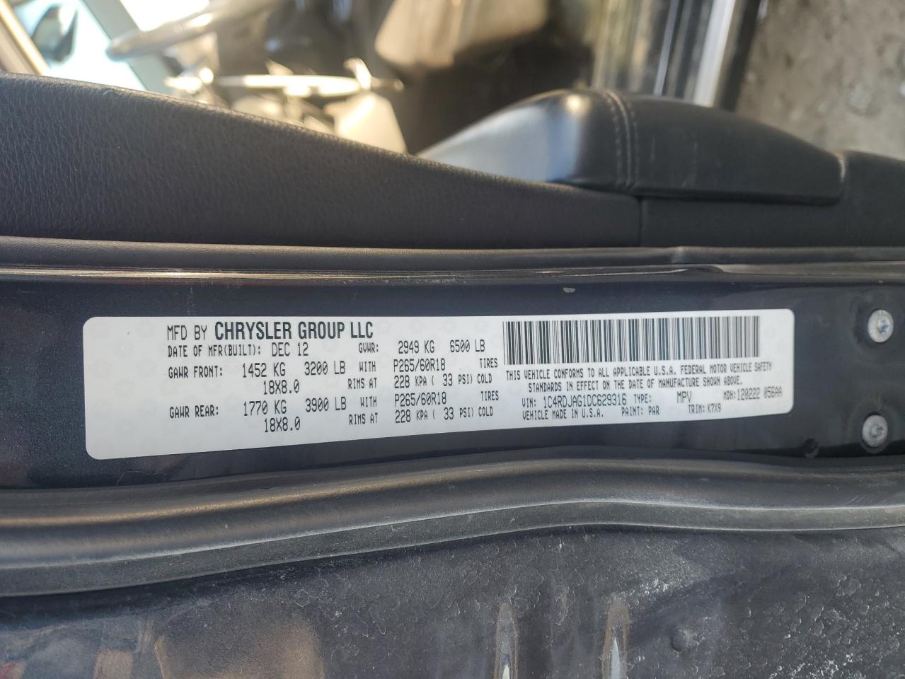 2013 Dodge Durango VIN 1C4RDJAG1DC629316 Copart auction photo, front end damage thumbnail 13