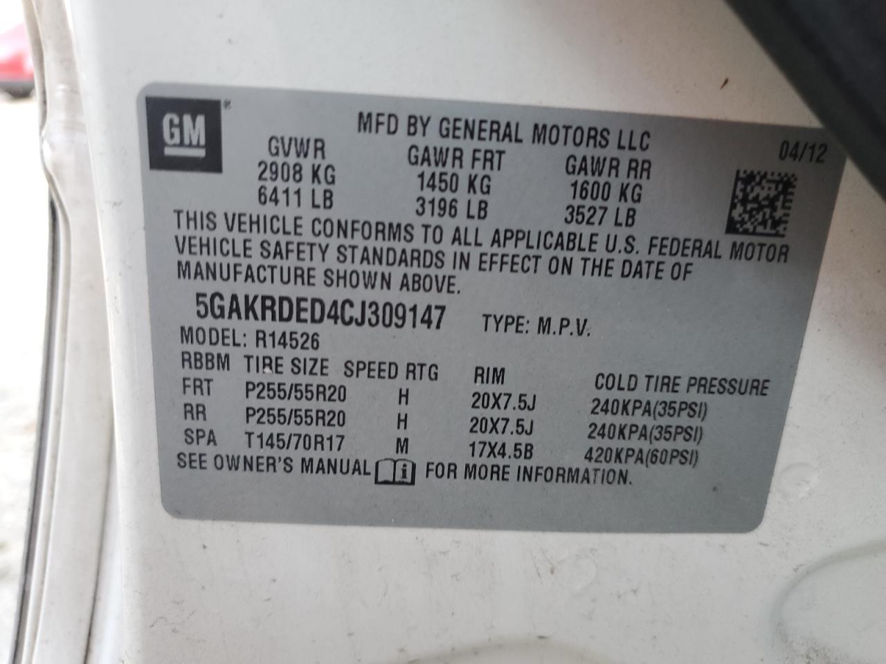 2012 Buick Enclave VIN 5GAKRDED4CJ309147 Copart auction photo, front end / undercarriage damage thumbnail 13