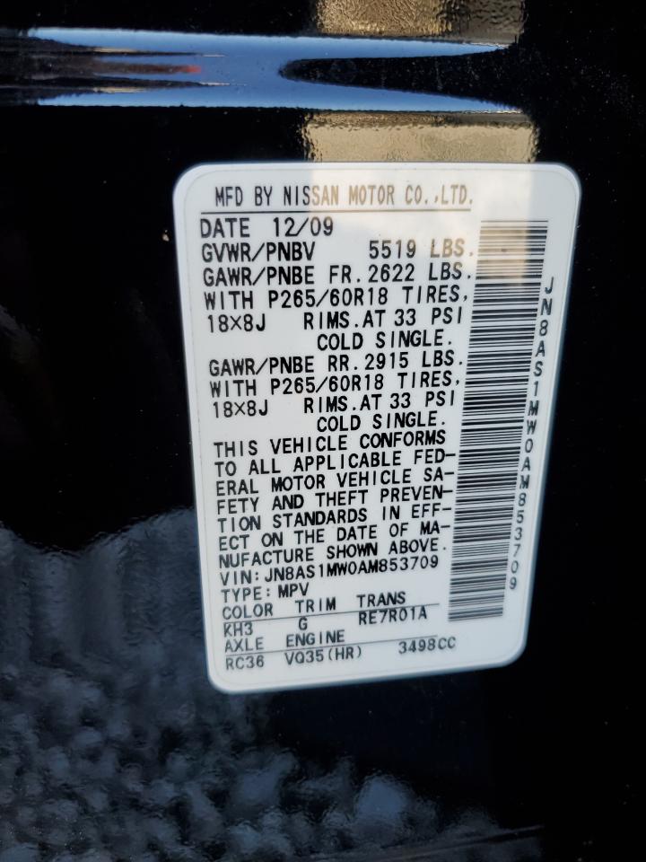 2010 Infiniti FX VIN JN8AS1MW0AM853709 Copart auction photo, all over damage thumbnail 13