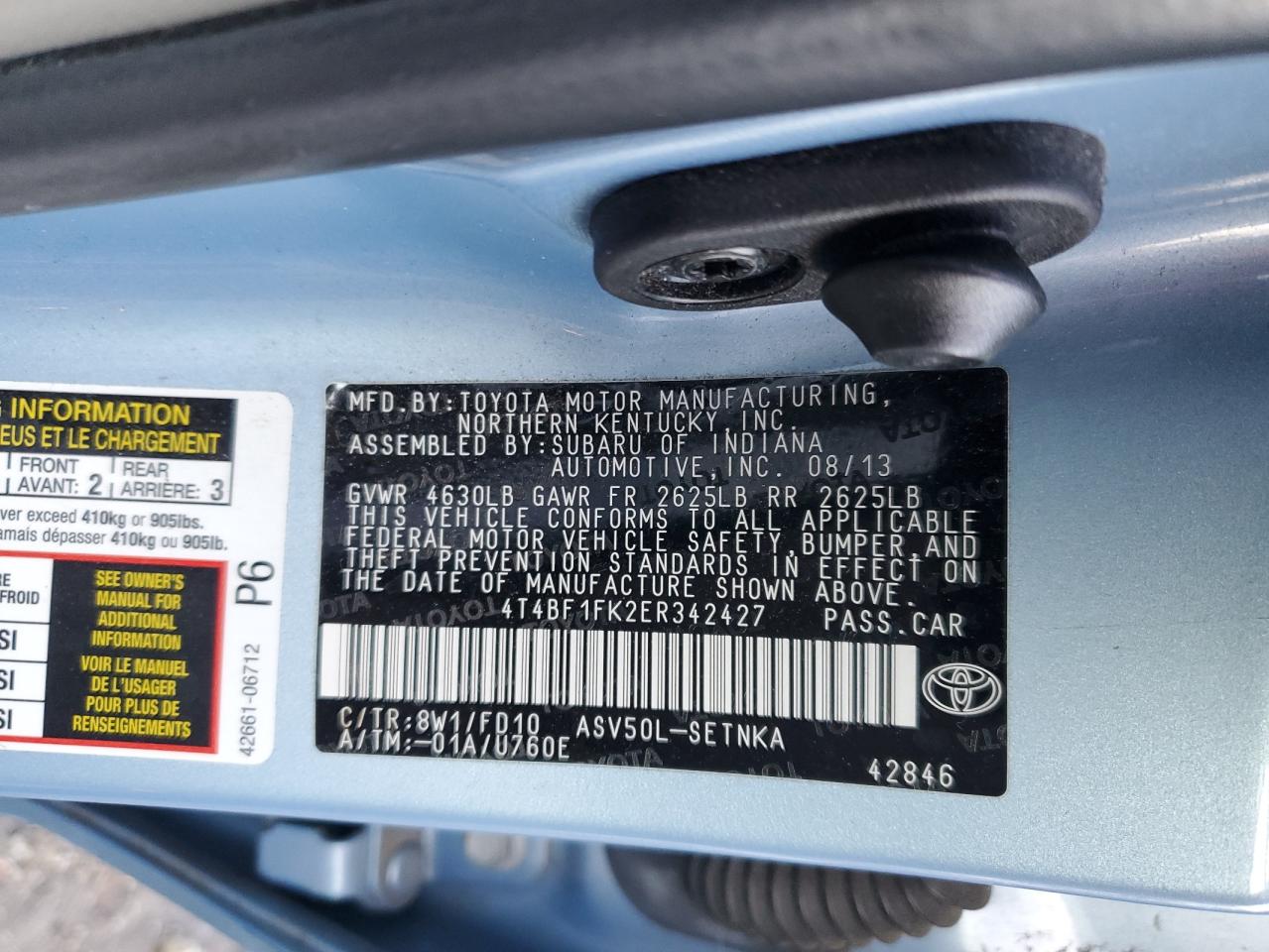 2014 Toyota Camry VIN 4T4BF1FK2ER342427 Copart auction photo, front end damage thumbnail 12