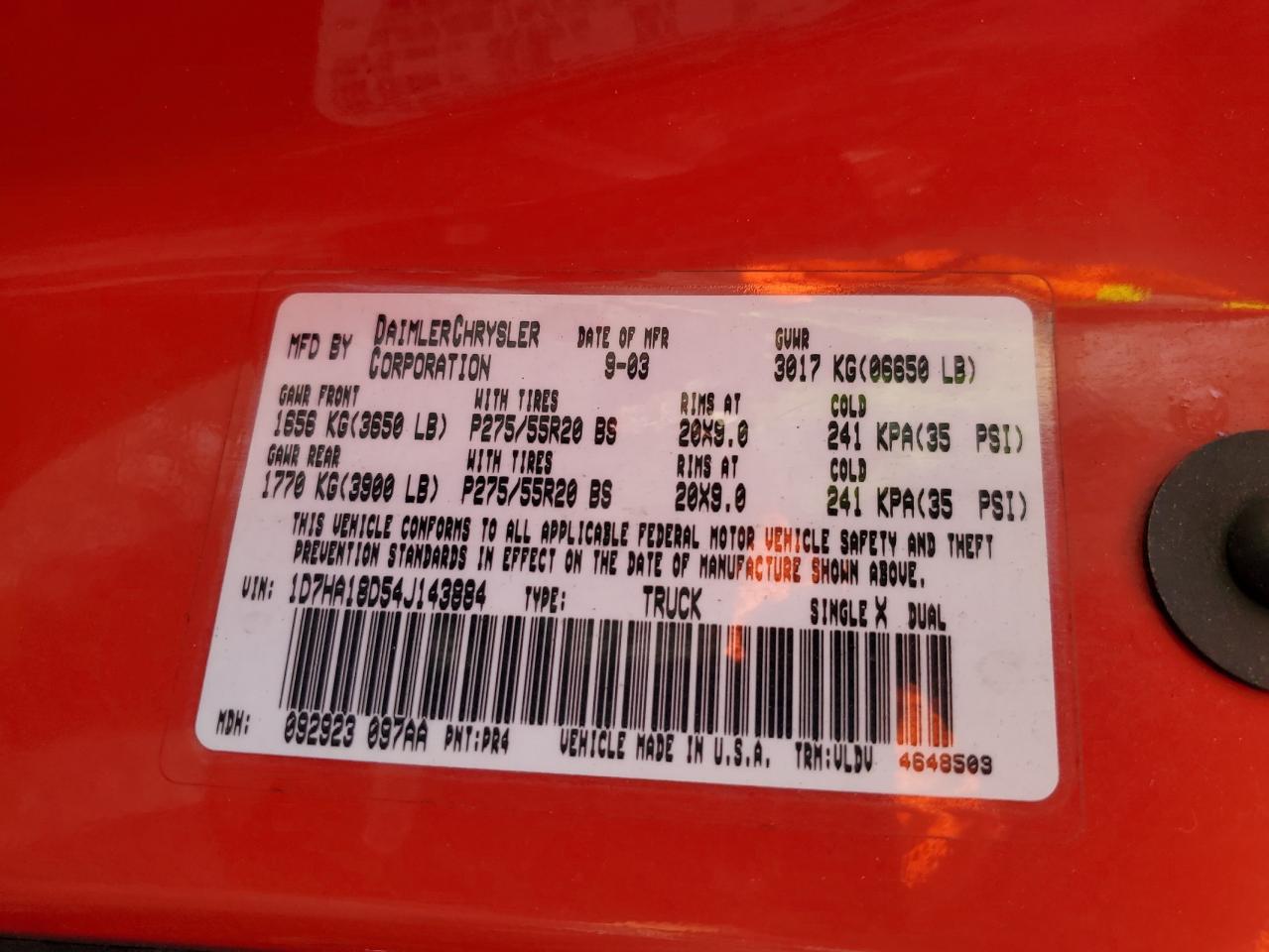 2004 Dodge RAM VIN 1D7HA18D54J143884 Copart auction photo, front end damage thumbnail 12
