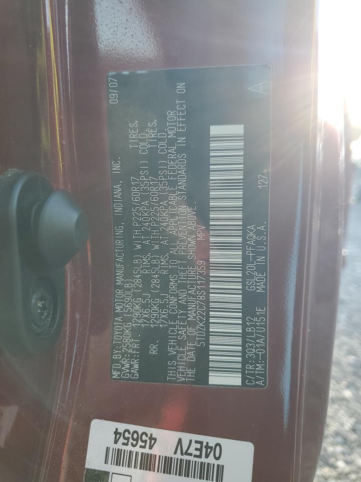 2008 Toyota Sienna VIN 5TDZK22C78S117359 Copart auction photo, front end damage thumbnail 14