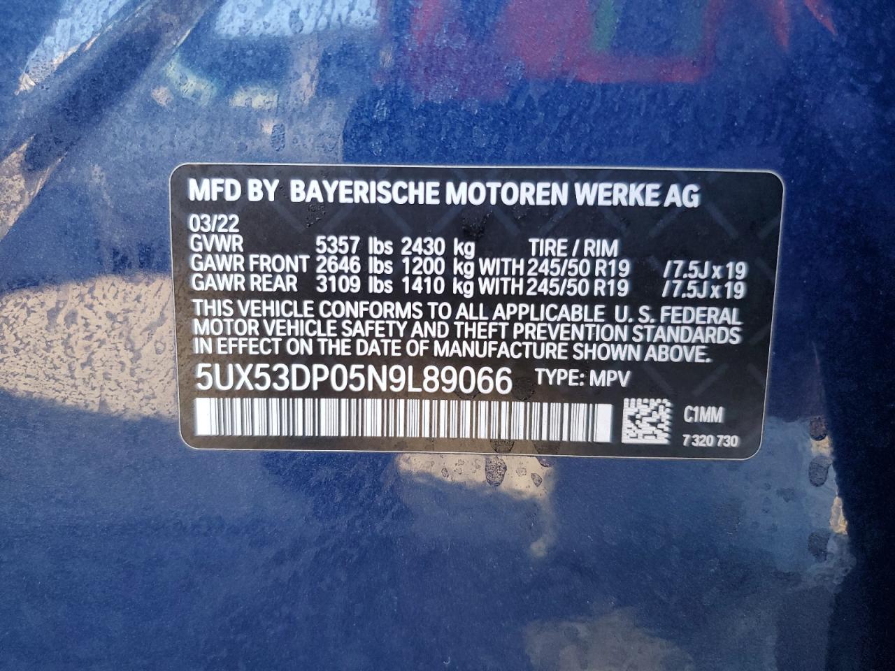 2022 BMW X3 VIN 5UX53DP05N9L89066 Copart auction photo, front end damage thumbnail 15