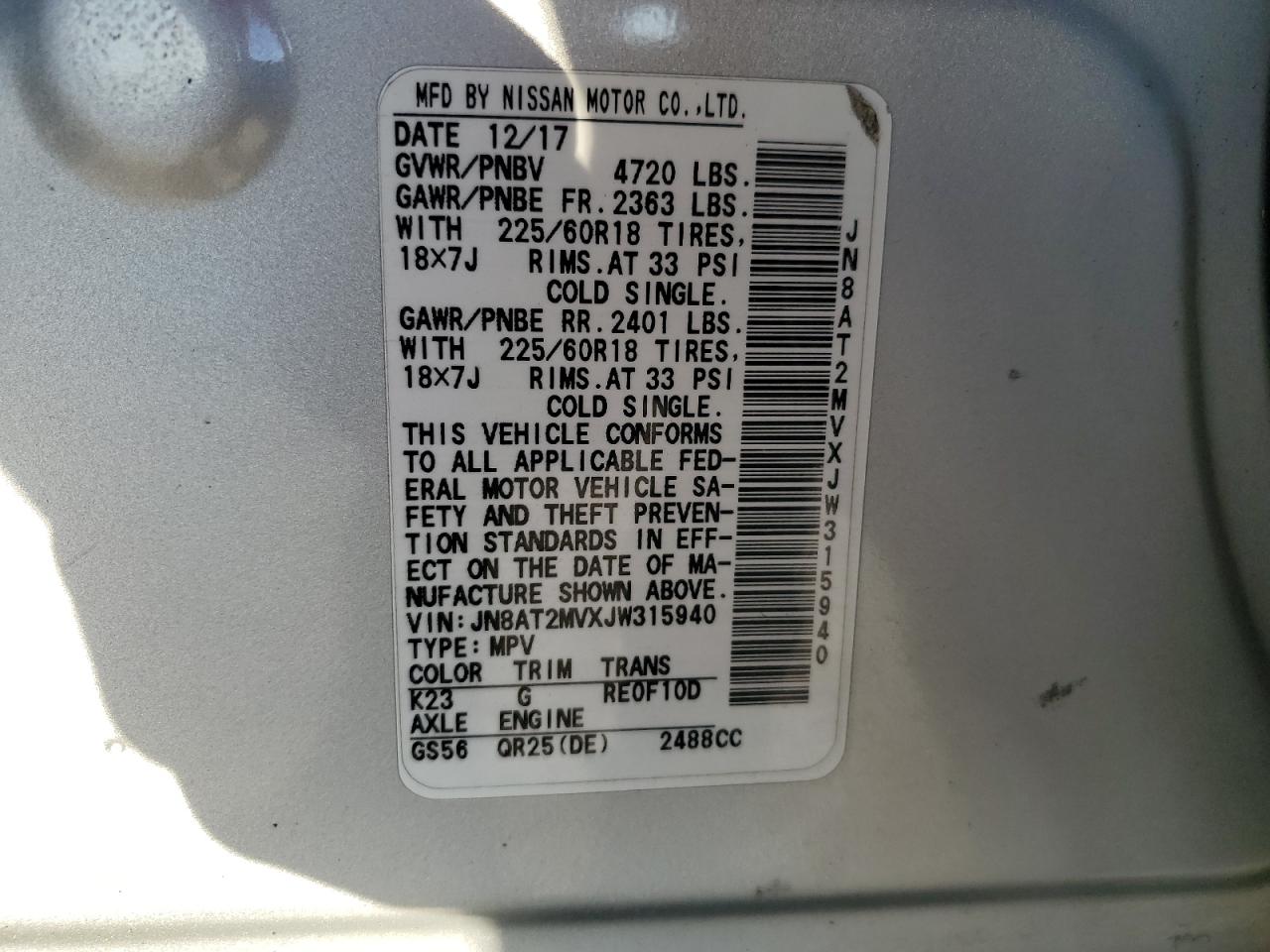 2018 Nissan Rogue VIN JN8AT2MVXJW315940 Copart auction photo, rear end damage thumbnail 15