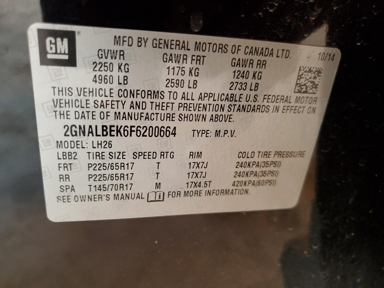 2015 Chevrolet Equinox VIN 2GNALBEK6F6200664 Copart auction photo, side / hail damage thumbnail 13