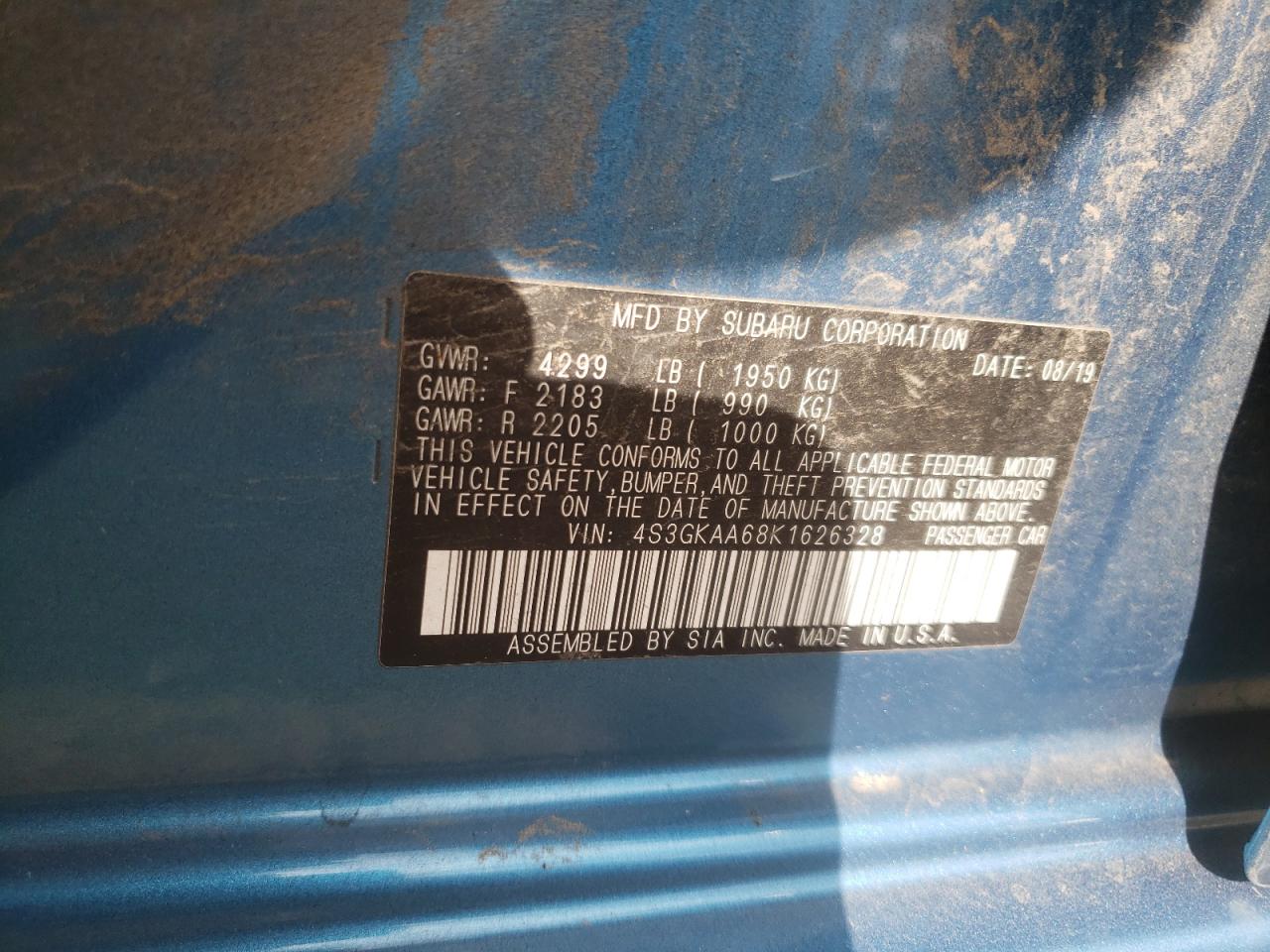 2019 Subaru Impreza VIN 4S3GKAA68K1626328 Copart auction photo, rear end damage thumbnail 13