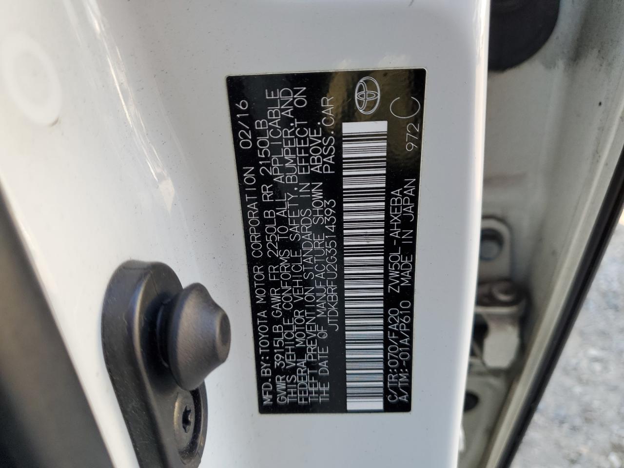2016 Toyota Prius VIN JTDKBRFU2G3514393 Copart auction photo, front end / side damage thumbnail 12