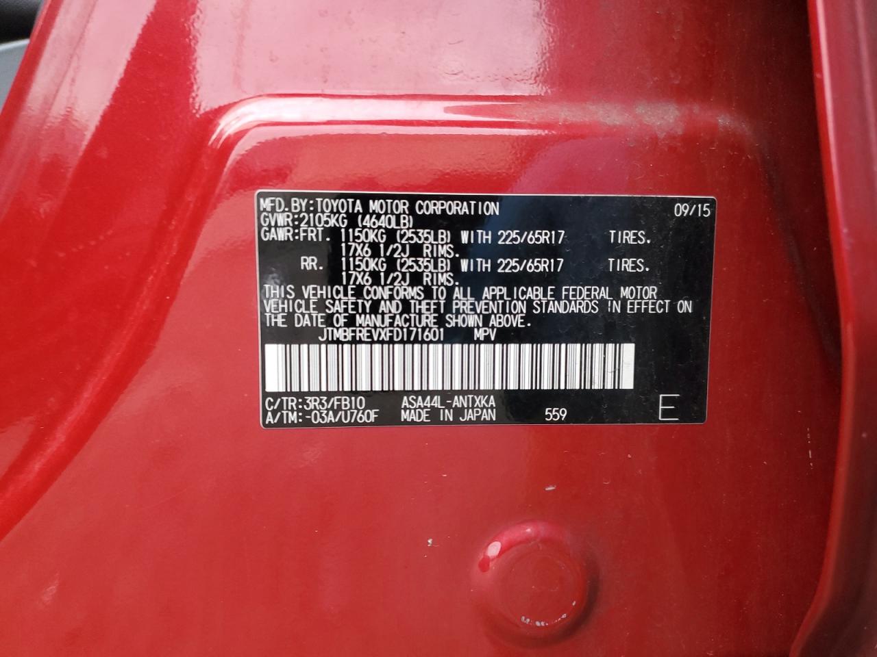 2015 Toyota RAV 4 VIN JTMBFREVXFD171601 Copart auction photo, all over damage thumbnail 13
