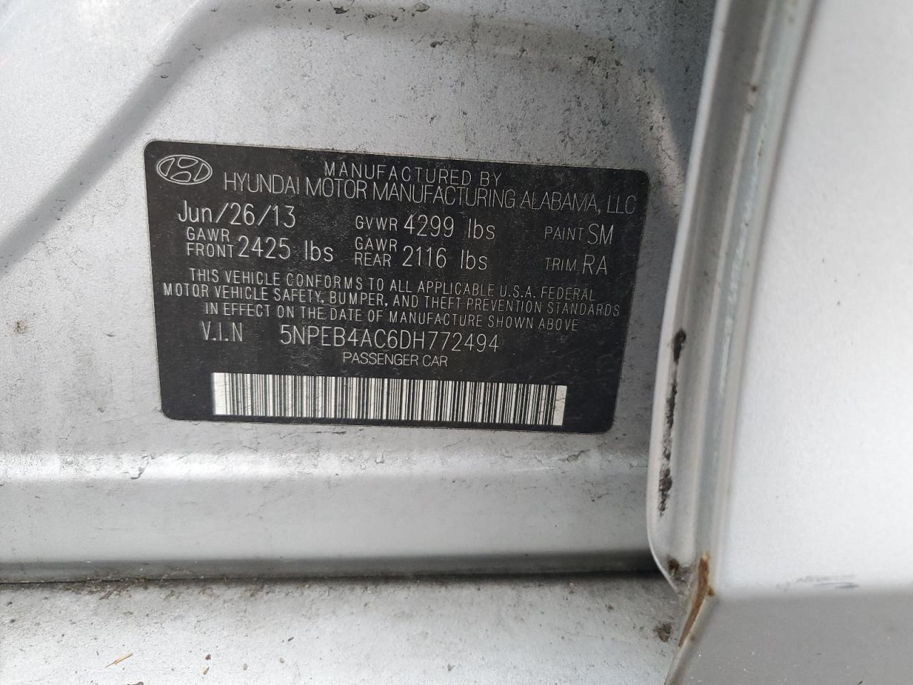 2013 Hyundai Sonata VIN 5NPEB4AC6DH772494 Copart auction photo, vandalism / minor dent/scratches damage thumbnail 12
