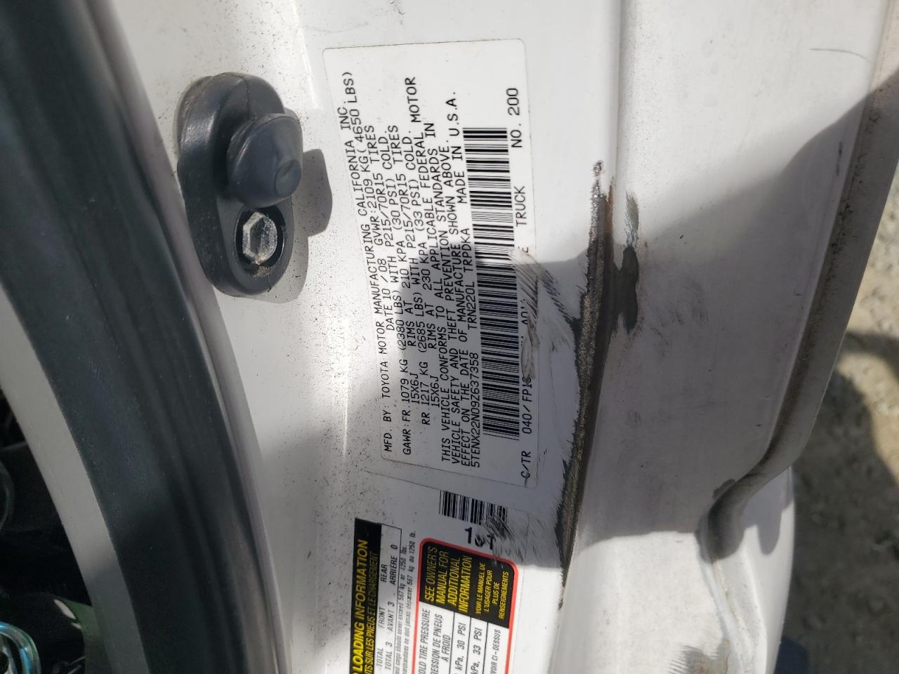 2009 Toyota Tacoma VIN 5TENX22N09Z637358 Copart auction photo, all over damage thumbnail 12