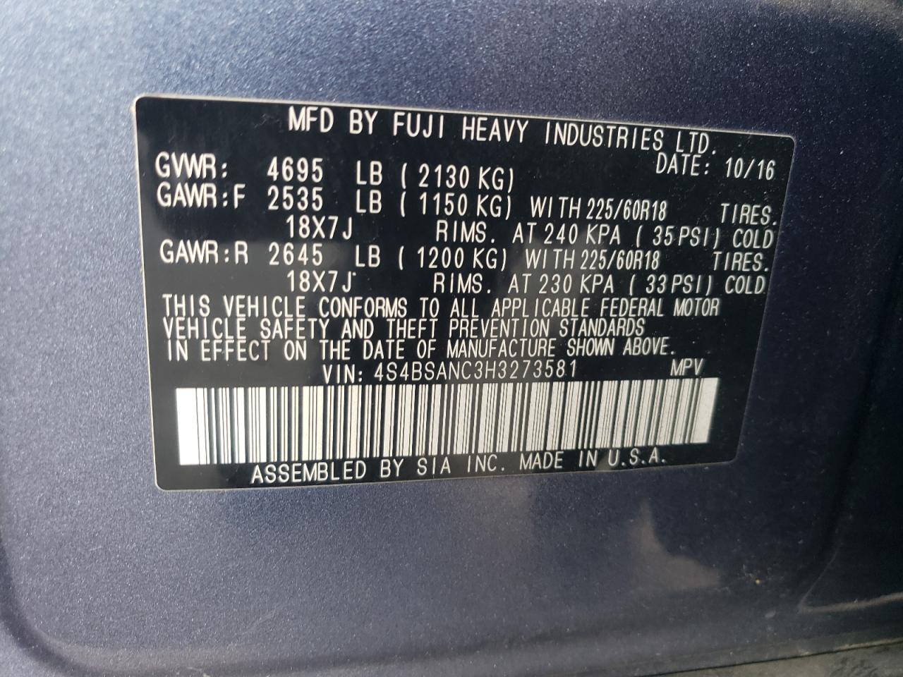2017 Subaru Outback VIN 4S4BSANC3H3273581 Copart auction photo, front end damage thumbnail 13