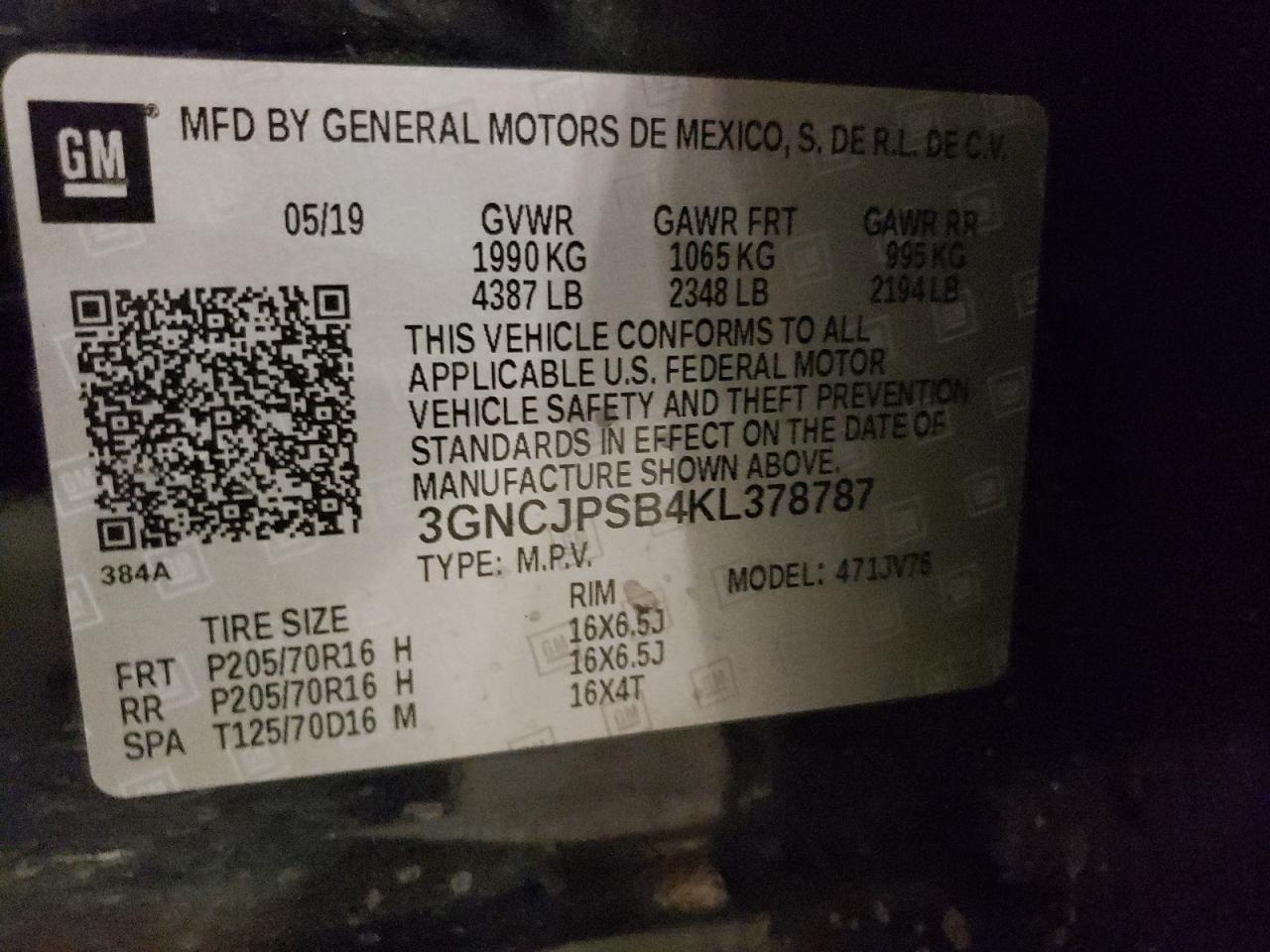 2019 Chevrolet Trax VIN 3GNCJPSB4KL378787 Copart auction photo, side / front end damage thumbnail 13
