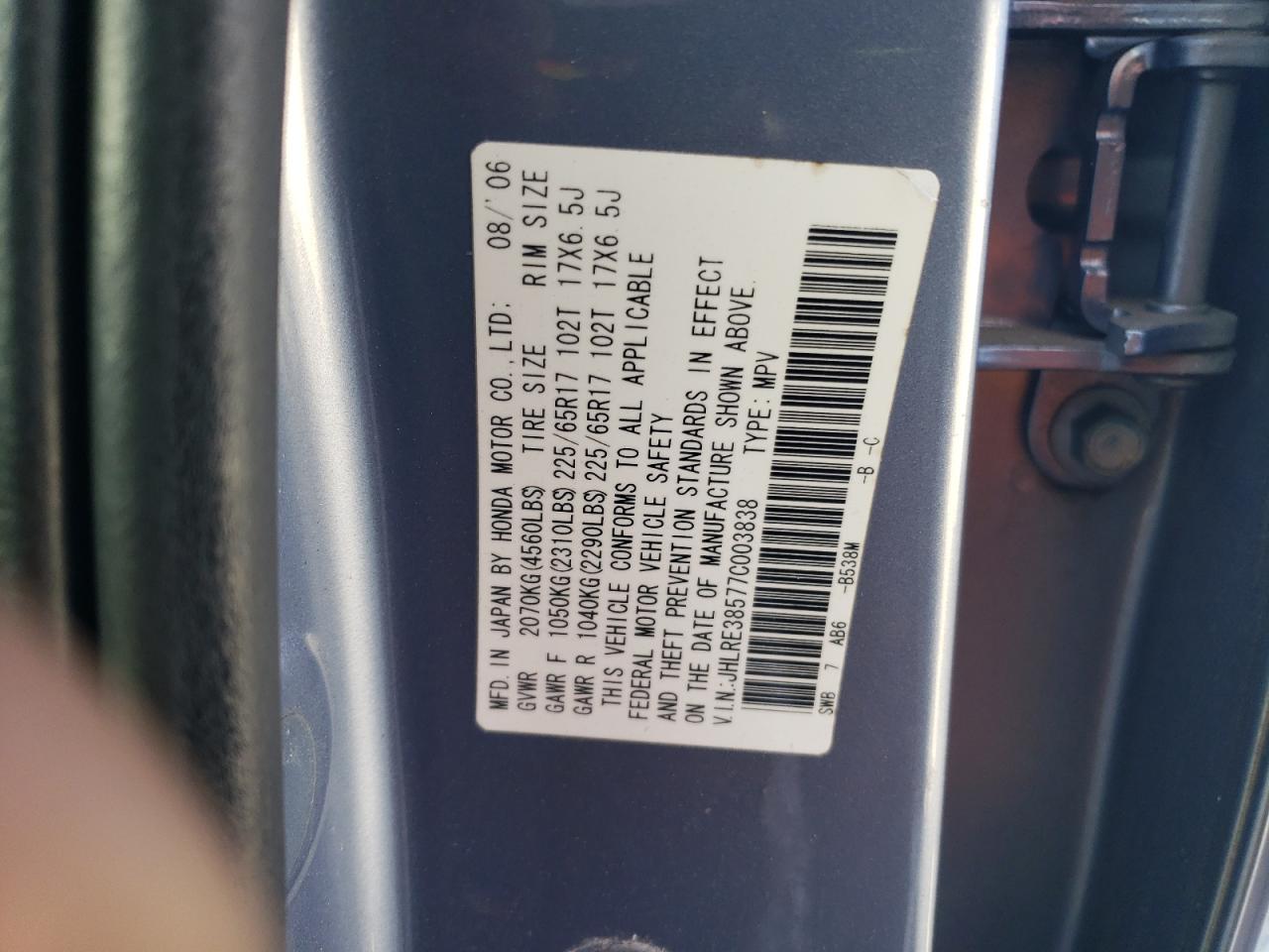 2007 Honda CR-V VIN JHLRE38577C003838 Copart auction photo, side / front end damage thumbnail 14