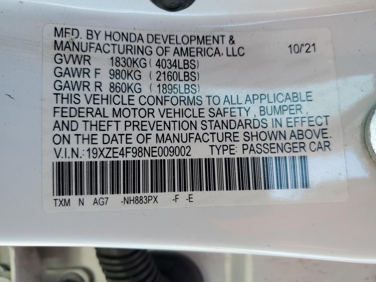 2022 Honda Insight VIN 19XZE4F98NE009002 Copart auction photo, front end damage thumbnail 13