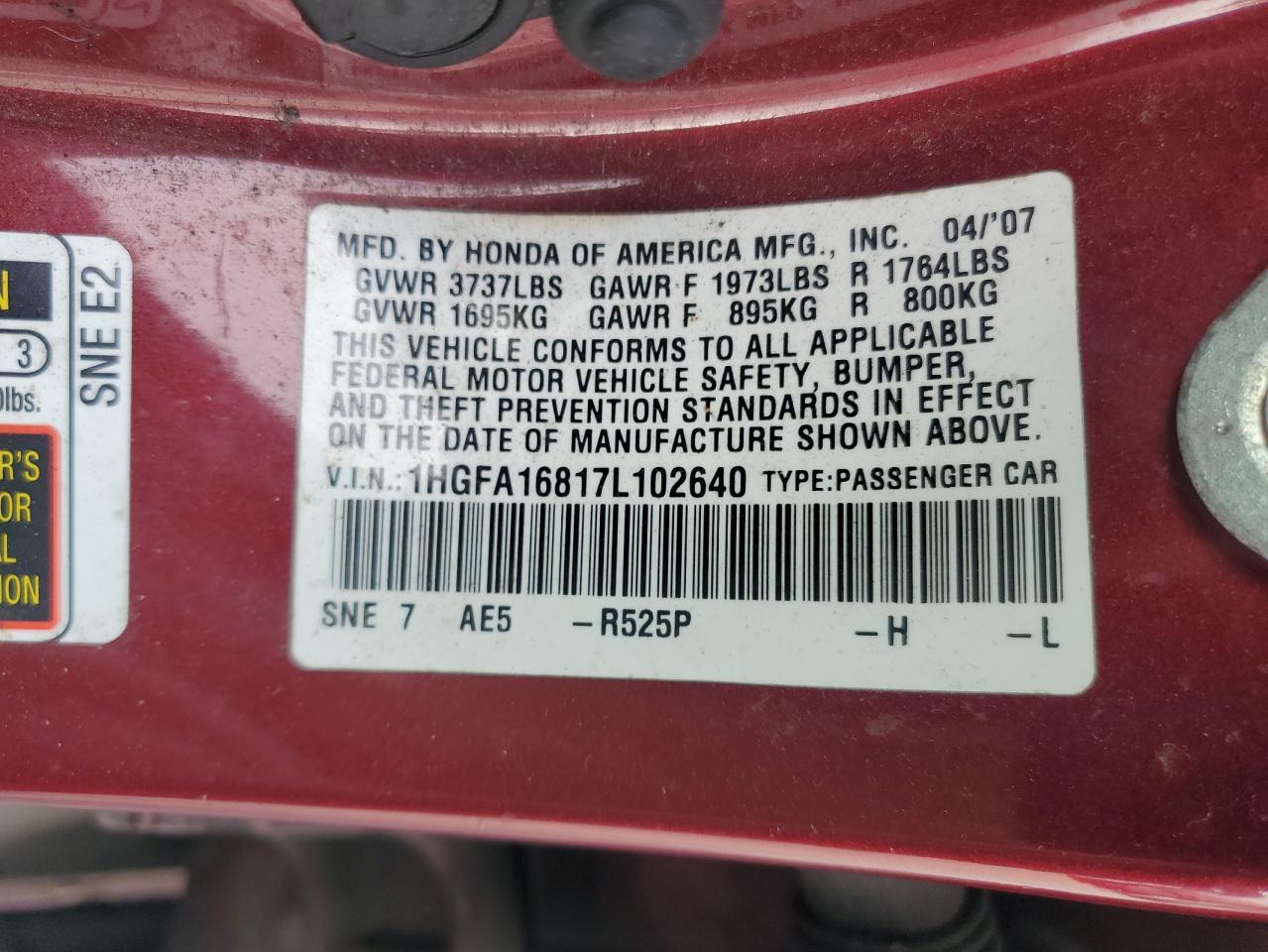 2007 Honda Civic VIN 1HGFA16817L102640 Copart auction photo, front end / side damage thumbnail 14