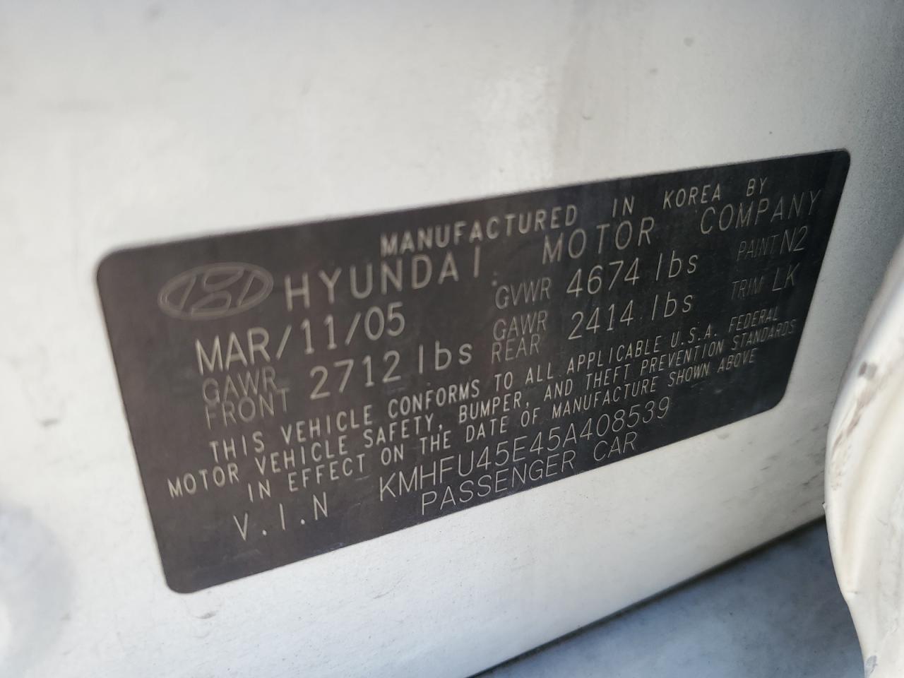 2005 Hyundai Grandeur VIN KMHFU45E45A408539 Copart auction photo, side / front end damage thumbnail 14