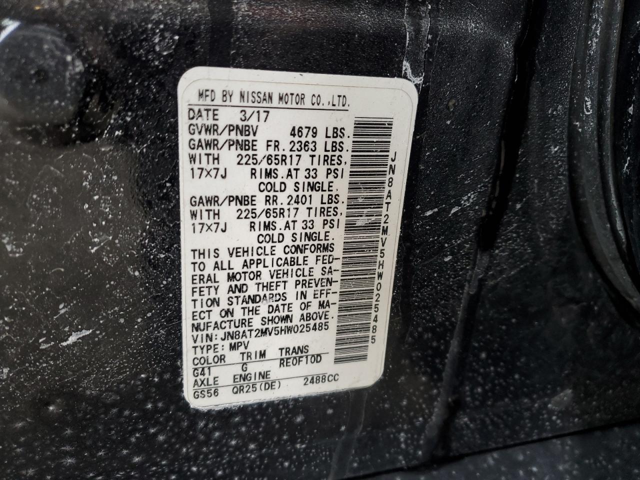 2017 Nissan Rogue VIN JN8AT2MV5HW025485 Copart auction photo, front end / rear end damage thumbnail 13