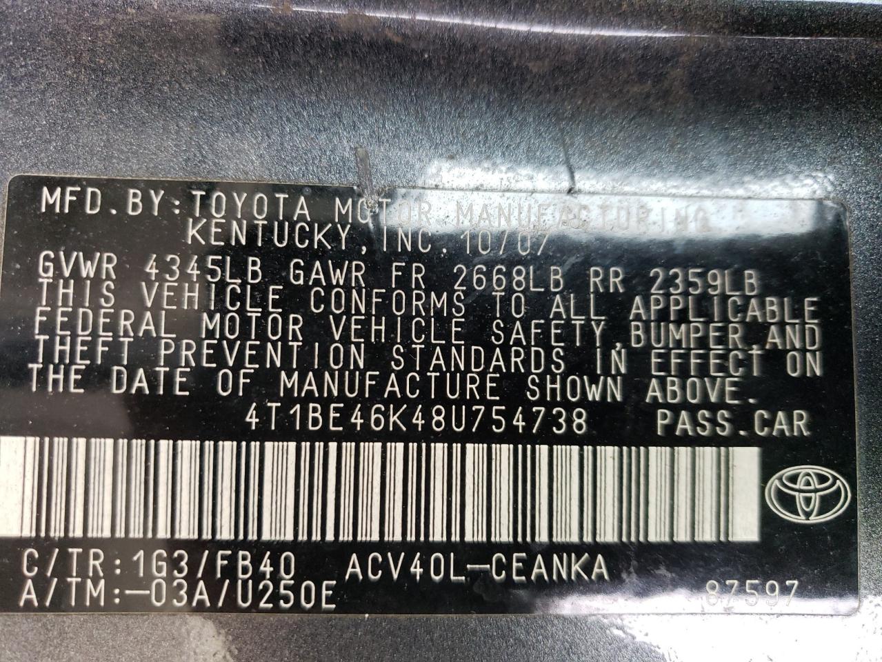 2008 Toyota Camry VIN 4T1BE46K48U754738 Copart auction photo, front end / hail damage thumbnail 12