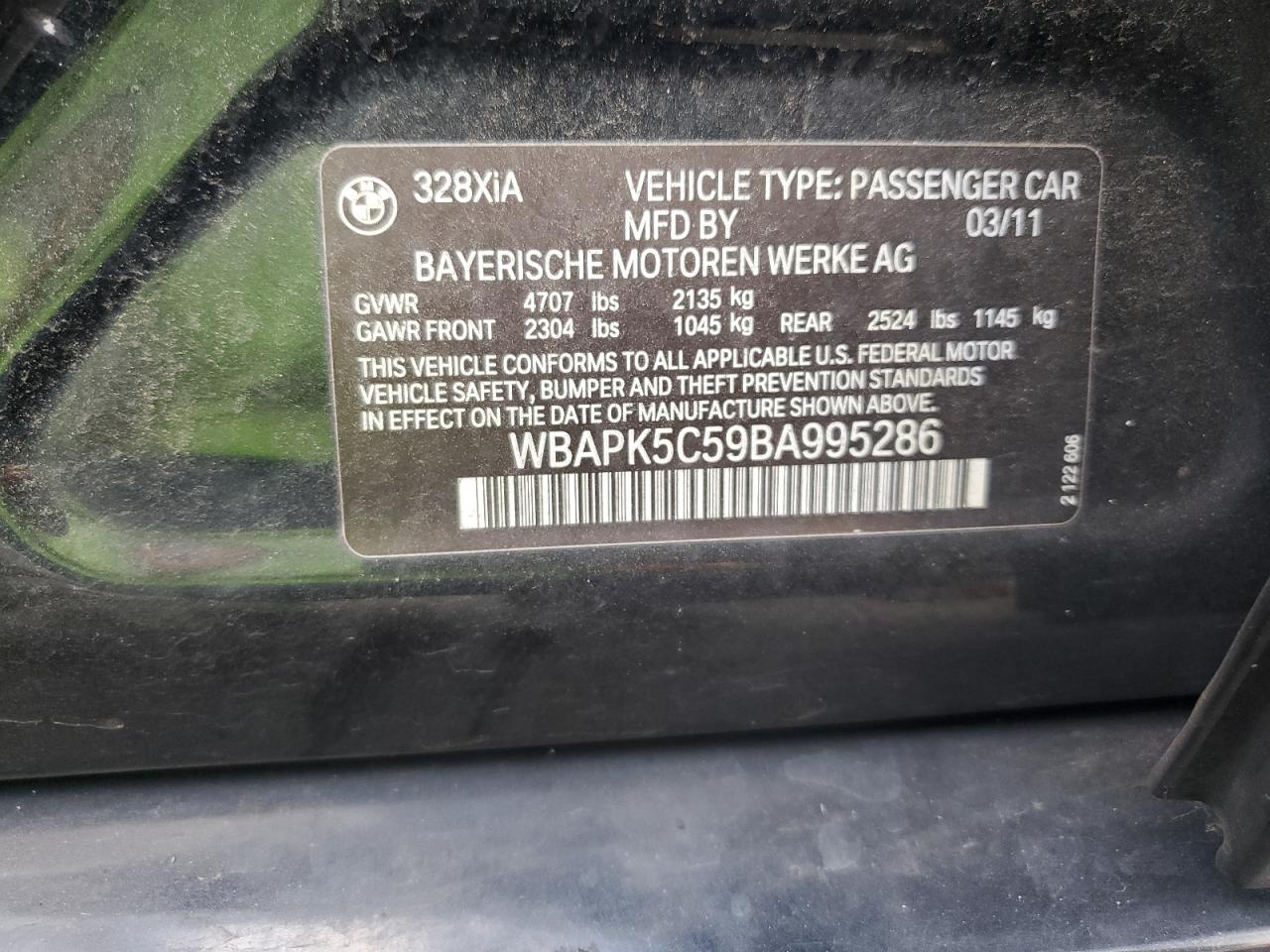 2011 BMW 3er VIN WBAPK5C59BA995286 Copart auction photo, front end damage thumbnail 13