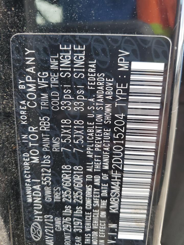 2013 Hyundai Santa Fe VIN KM8SM4HF2DU015204 Copart auction photo, front end damage thumbnail 14