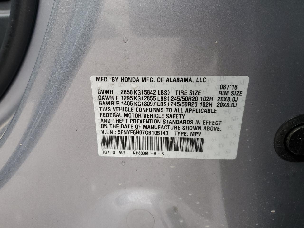 2016 Honda Pilot VIN 5FNYF6H07GB105140 Copart auction photo, front end / side damage thumbnail 16