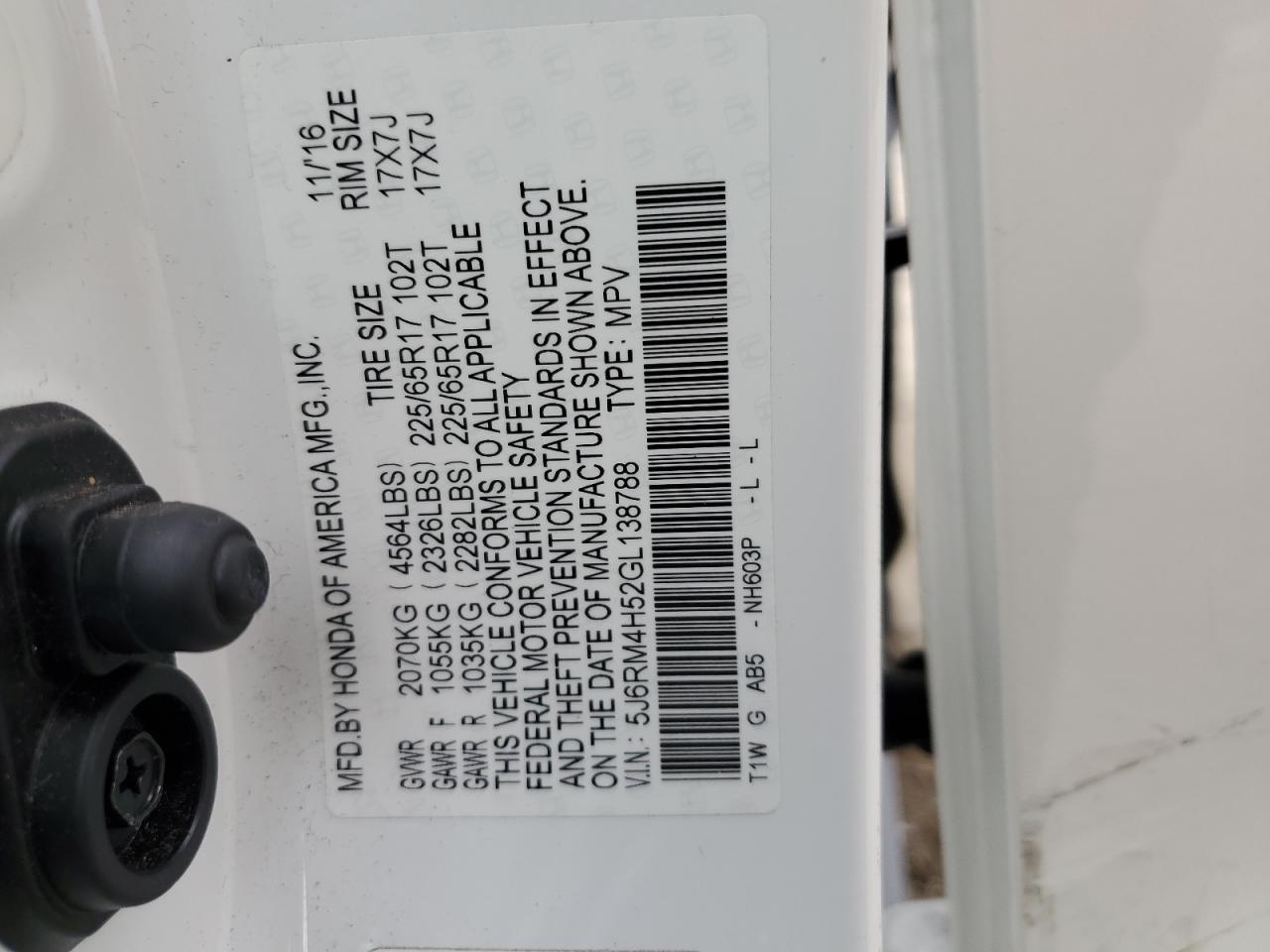 2016 Honda CR-V VIN 5J6RM4H52GL138788 Copart auction photo, side damage thumbnail 15