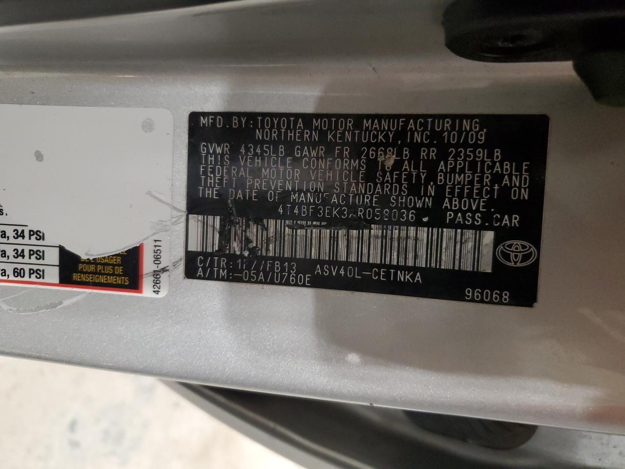 2010 Toyota Camry VIN 4T4BF3EK3AR058036 Copart auction photo, side damage thumbnail 12