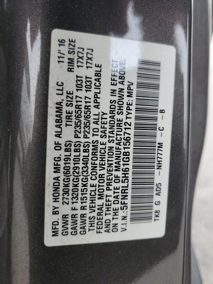 2016 Honda Odyssey VIN 5FNRL5H61GB156712 Copart auction photo, front end / side damage thumbnail 14