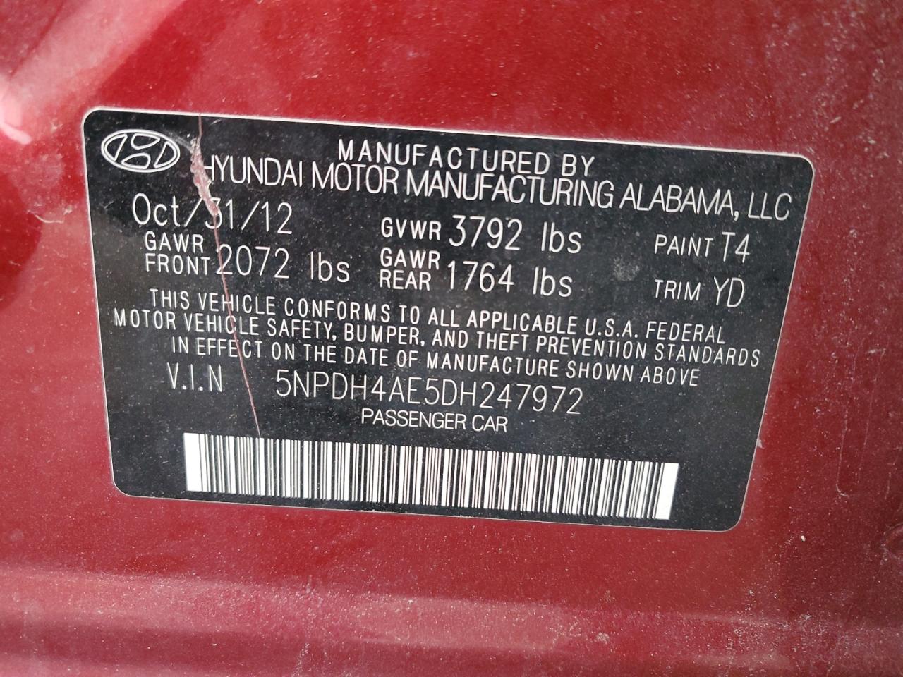 2013 Hyundai Elantra VIN 5NPDH4AE5DH247972 Copart auction photo, rear end damage thumbnail 13