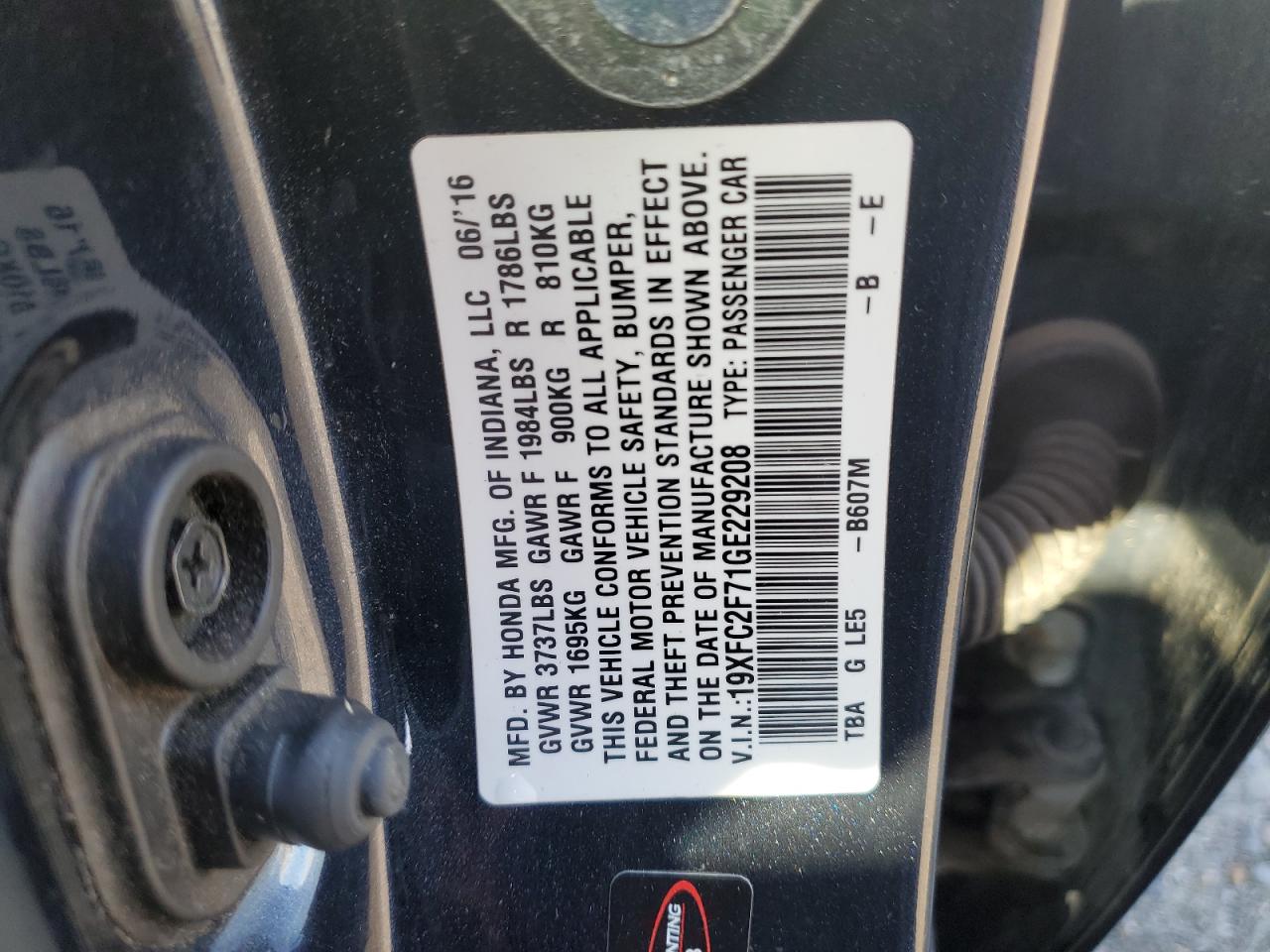 2016 Honda Civic VIN 19XFC2F71GE229208 Copart auction photo, rear end damage thumbnail 13