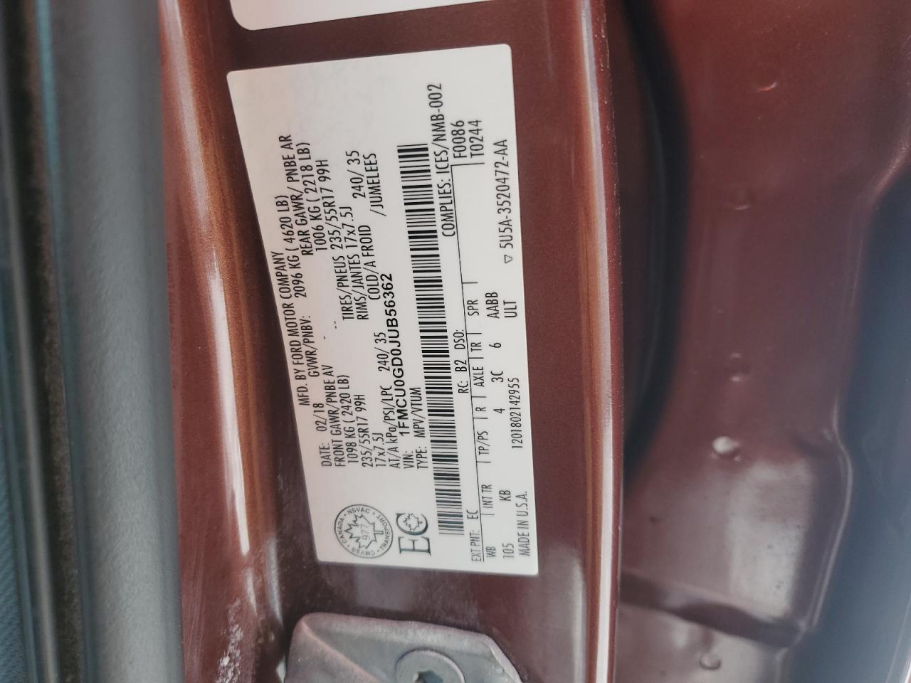 2018 Ford Escape VIN 1FMCU0GD0JUB56362 Copart auction photo, front end damage thumbnail 12